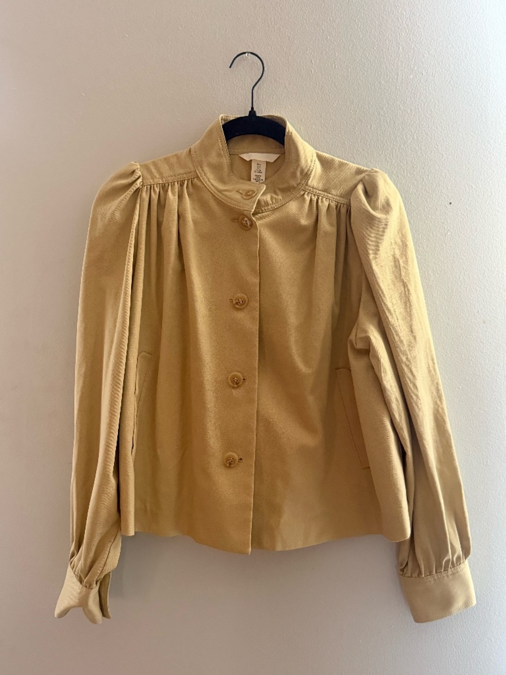 Beige Puff-Sleeved Twill/ Tweed Jacket